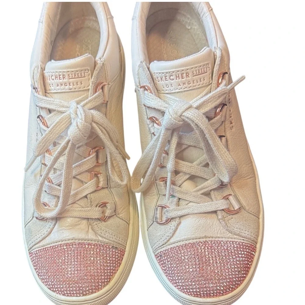 Skechers Street Los Angeles Cream Leather Pink Rhinestone Toe Sneakers Rose Gold - Picture 1 of 7